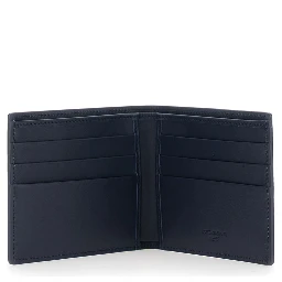Blue Bi-Fold Wallet with Logo Plate on the Front in Leather for Men