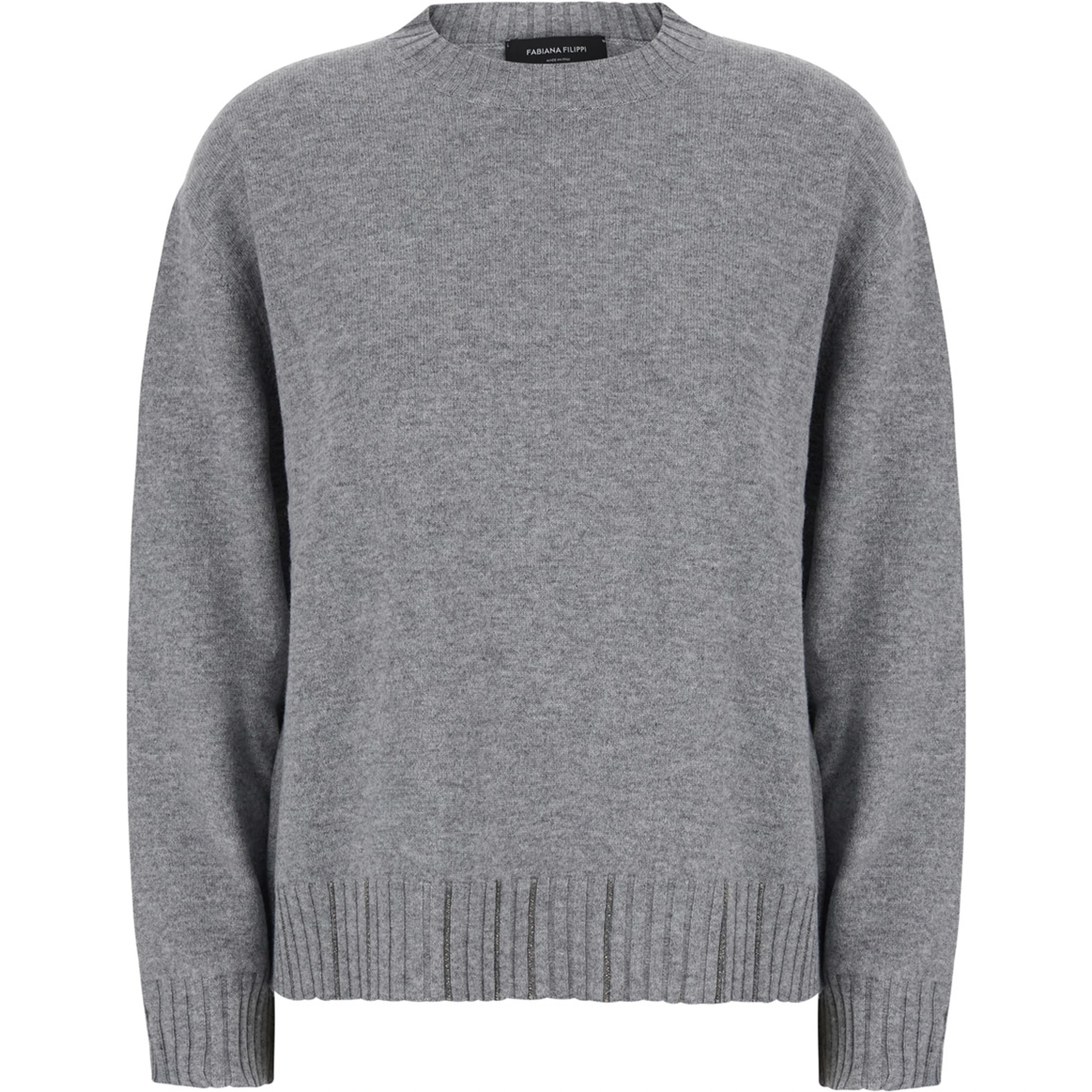 Grey sweater with round neck and details with rhinestones in Blend wool and silk women