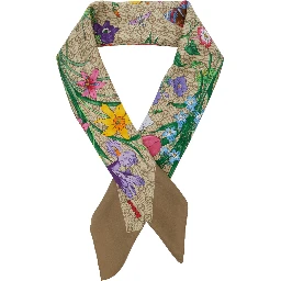 Beige scarf with floral and all-over GG print in silk twill for women