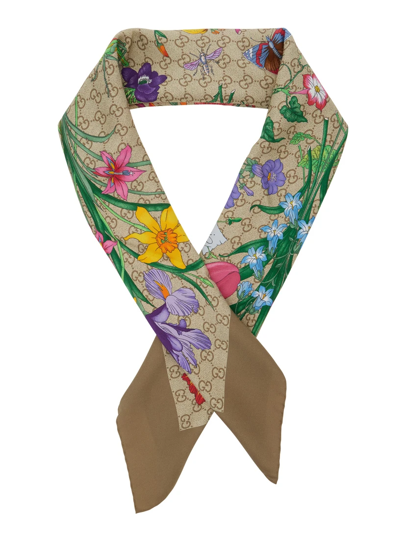 Beige scarf with floral and all-over GG print in silk twill for women