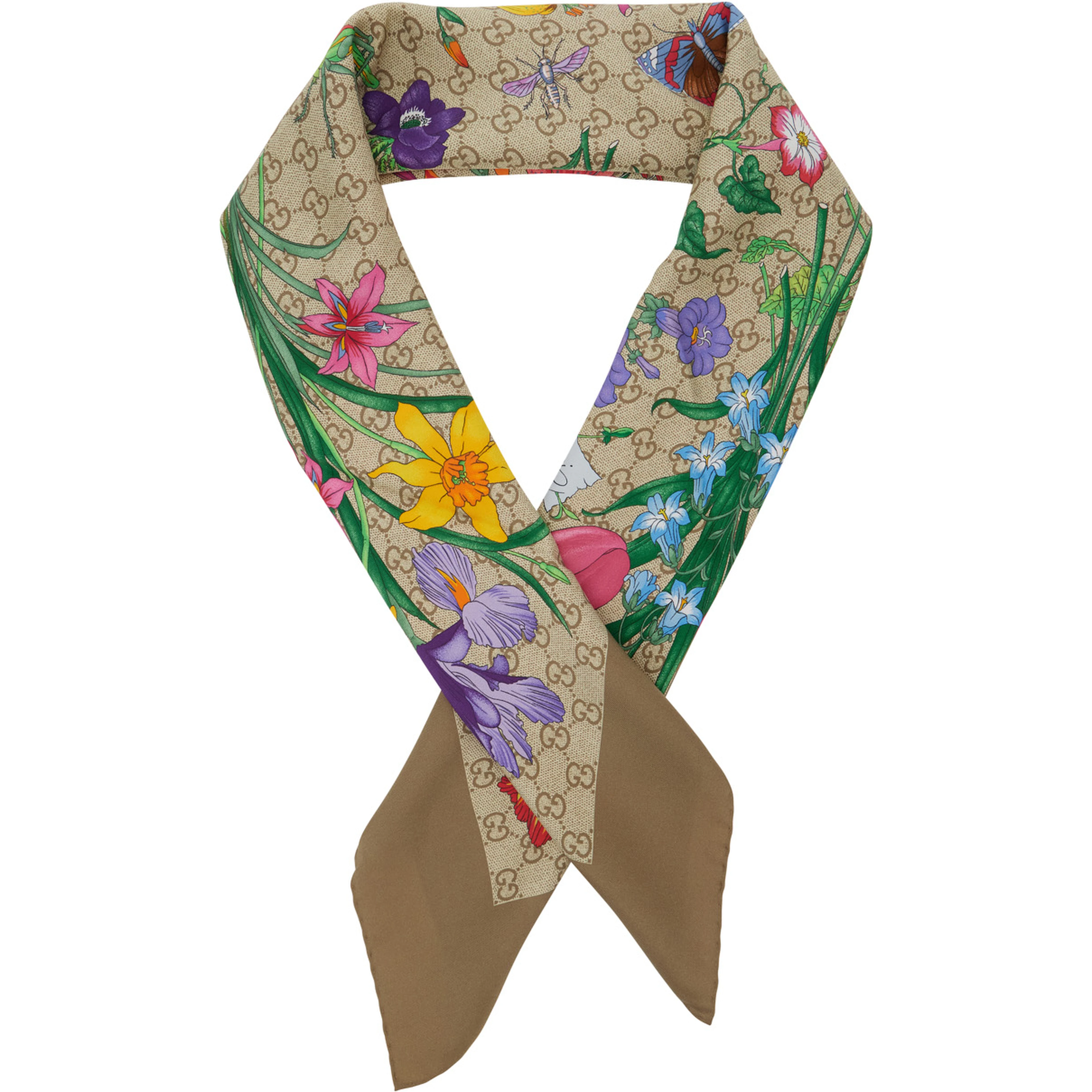 Beige scarf with floral and all-over GG print in silk twill for women