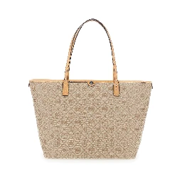 Beige large tote bag with All-Over Logo Monogram and Top Zip Closure in Canvas for Women