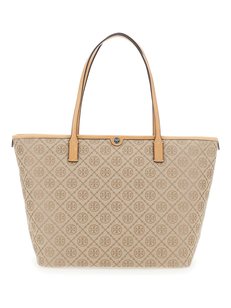 Beige large tote bag with All-Over Logo Monogram and Top Zip Closure in Canvas for Women