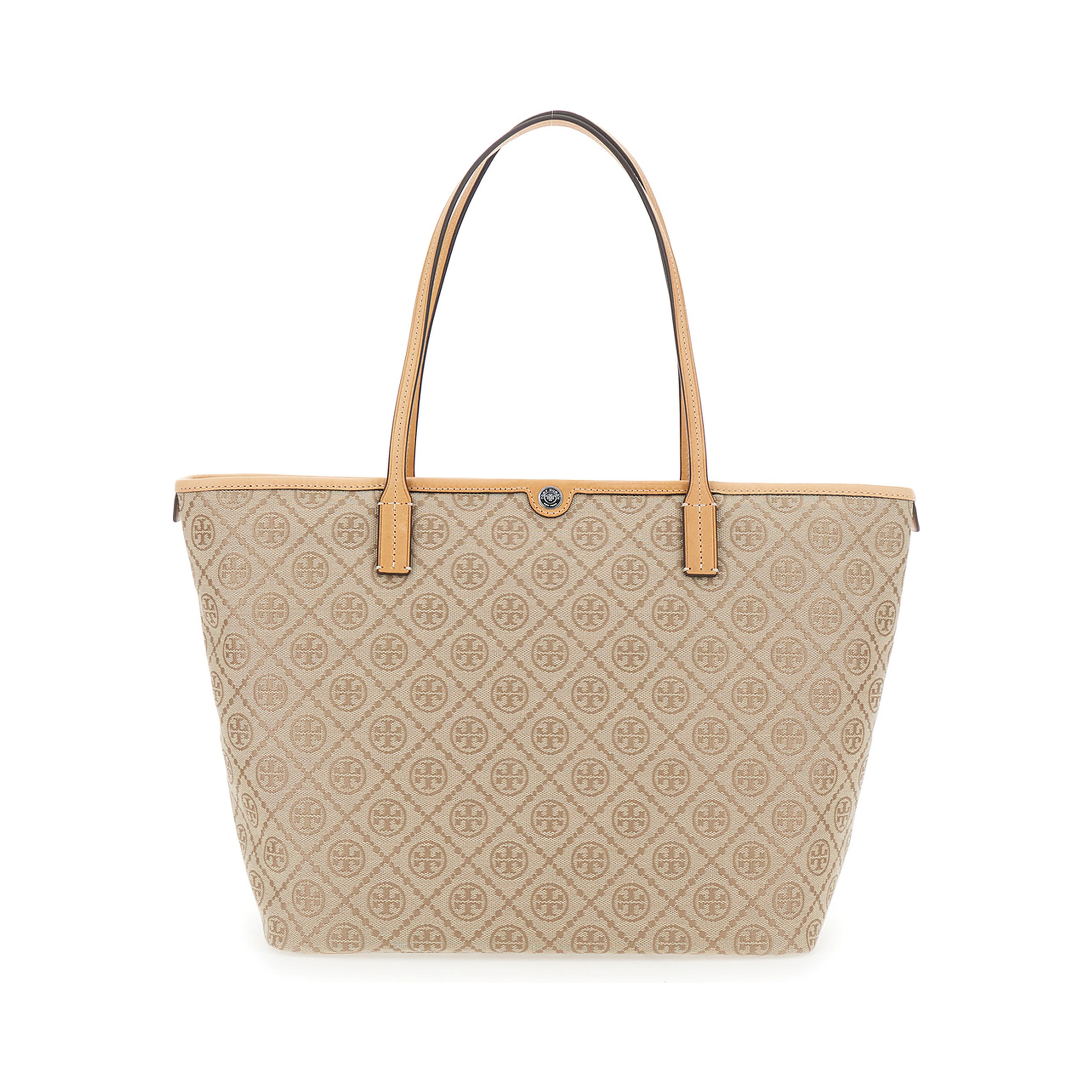 Beige large tote bag with All-Over Logo Monogram and Top Zip Closure in Canvas for Women