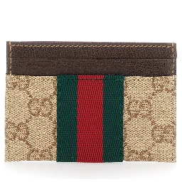 beige Card holder with Web stripe and all-over GG motif in fabric for women