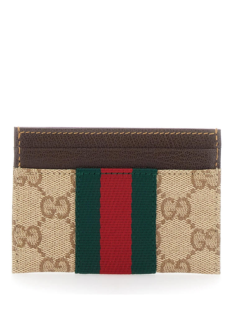 beige Card holder with Web stripe and all-over GG motif in fabric for women