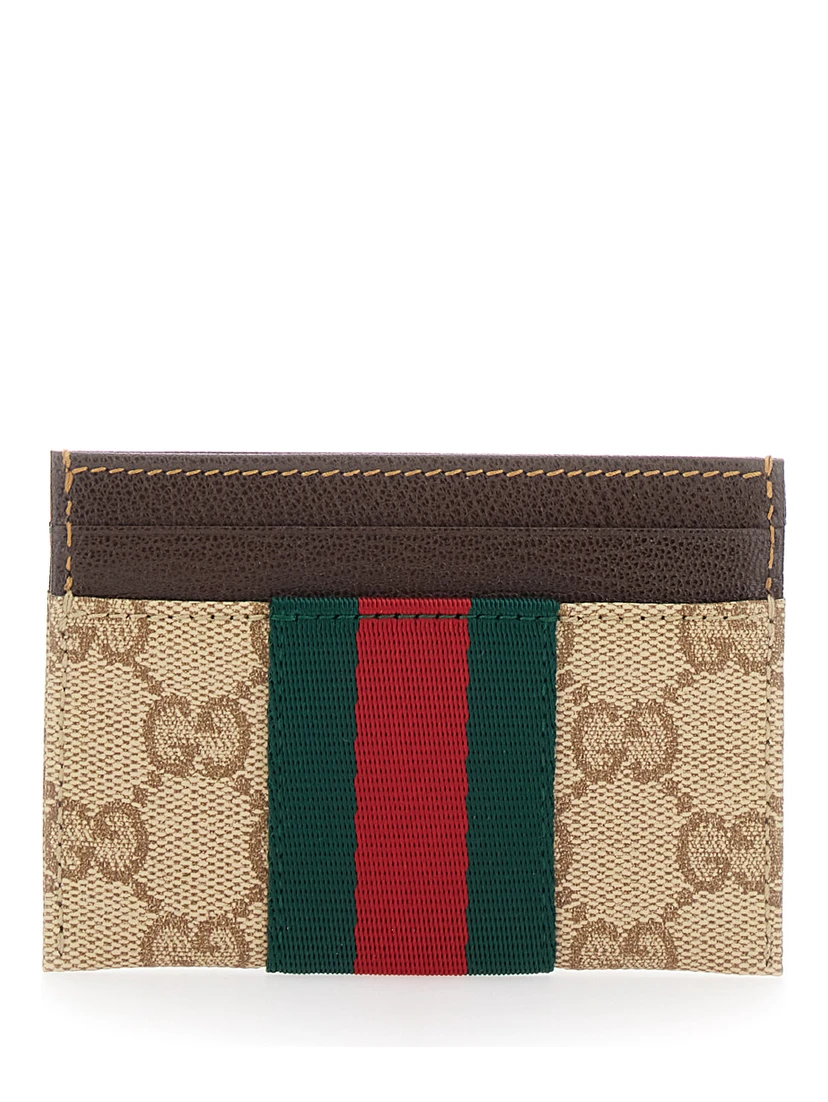beige Card holder with Web stripe and all-over GG motif in fabric for women