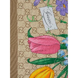 Beige scarf with floral and all-over GG print in silk twill for women