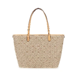 Beige large tote bag with All-Over Logo Monogram and Top Zip Closure in Canvas for Women