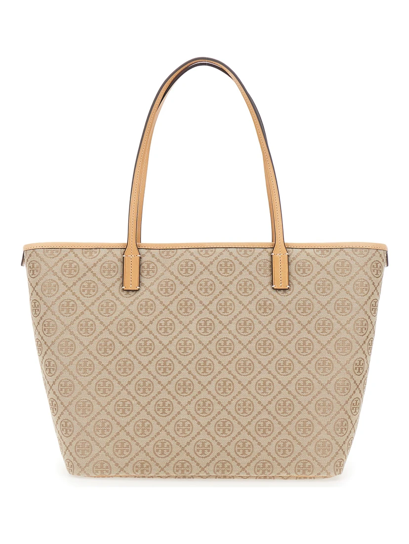 Beige large tote bag with All-Over Logo Monogram and Top Zip Closure in Canvas for Women