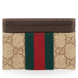 beige Card holder with Web stripe and all-over GG motif in fabric for women