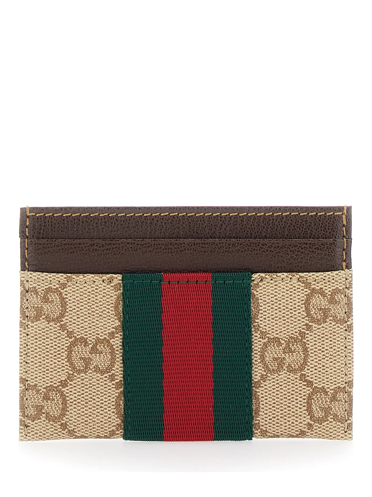 beige Card holder with Web stripe and all-over GG motif in fabric for women alternative