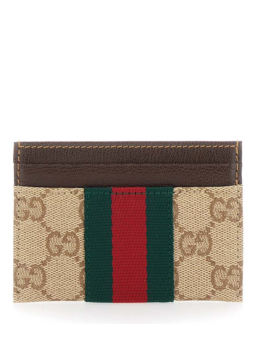beige Card holder with Web stripe and all-over GG motif in fabric for women