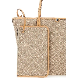 Beige large tote bag with All-Over Logo Monogram and Top Zip Closure in Canvas for Women