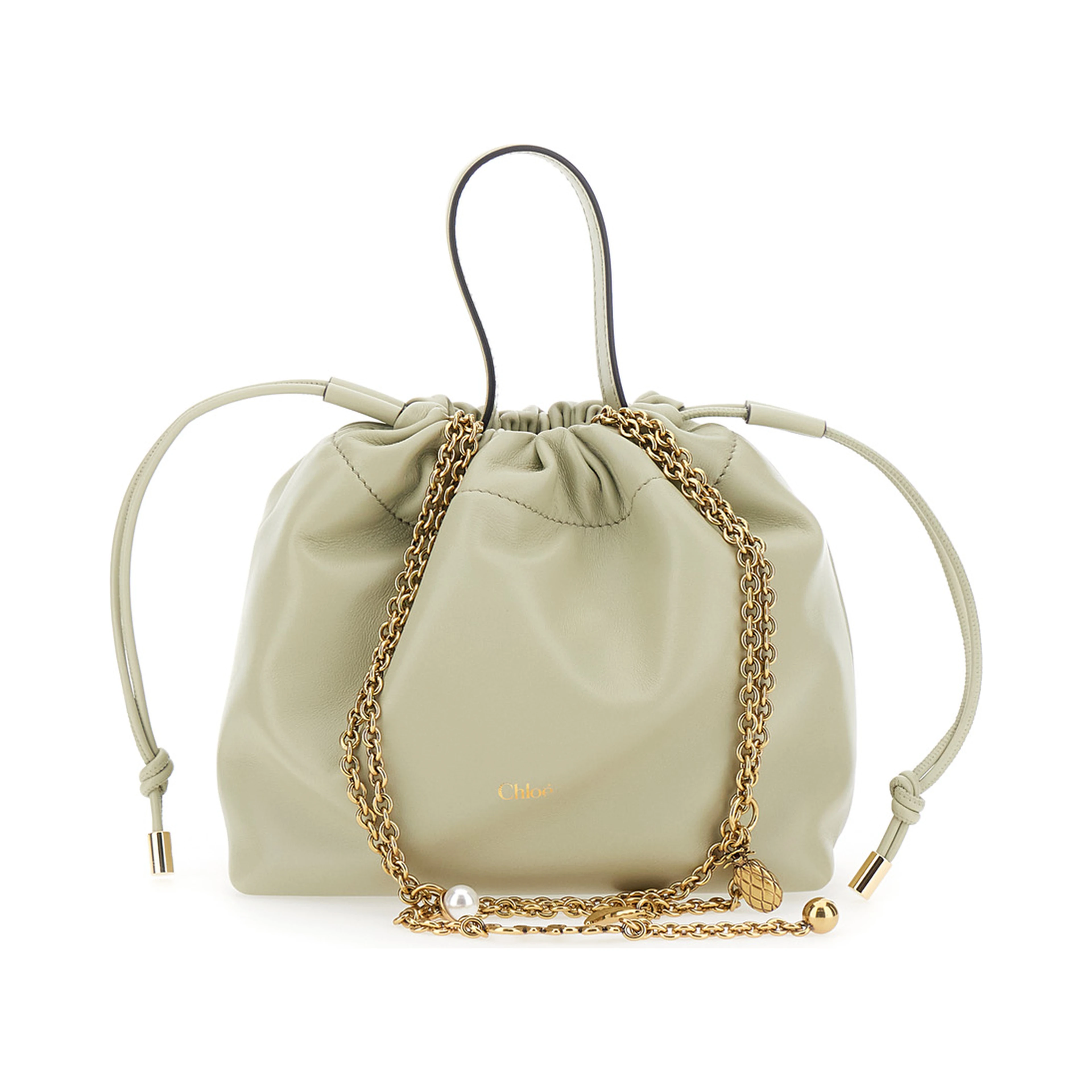 Chloe Icons Gray Shoulder Bag with Drawstring Closure and Logo Lettering on the Front in Leather for Women