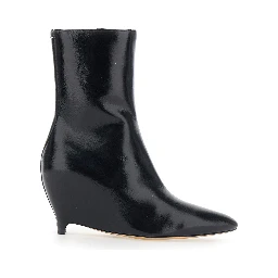 Black Pointed Ankle Boots with Heel and Side Zip Closure in Leather for Women