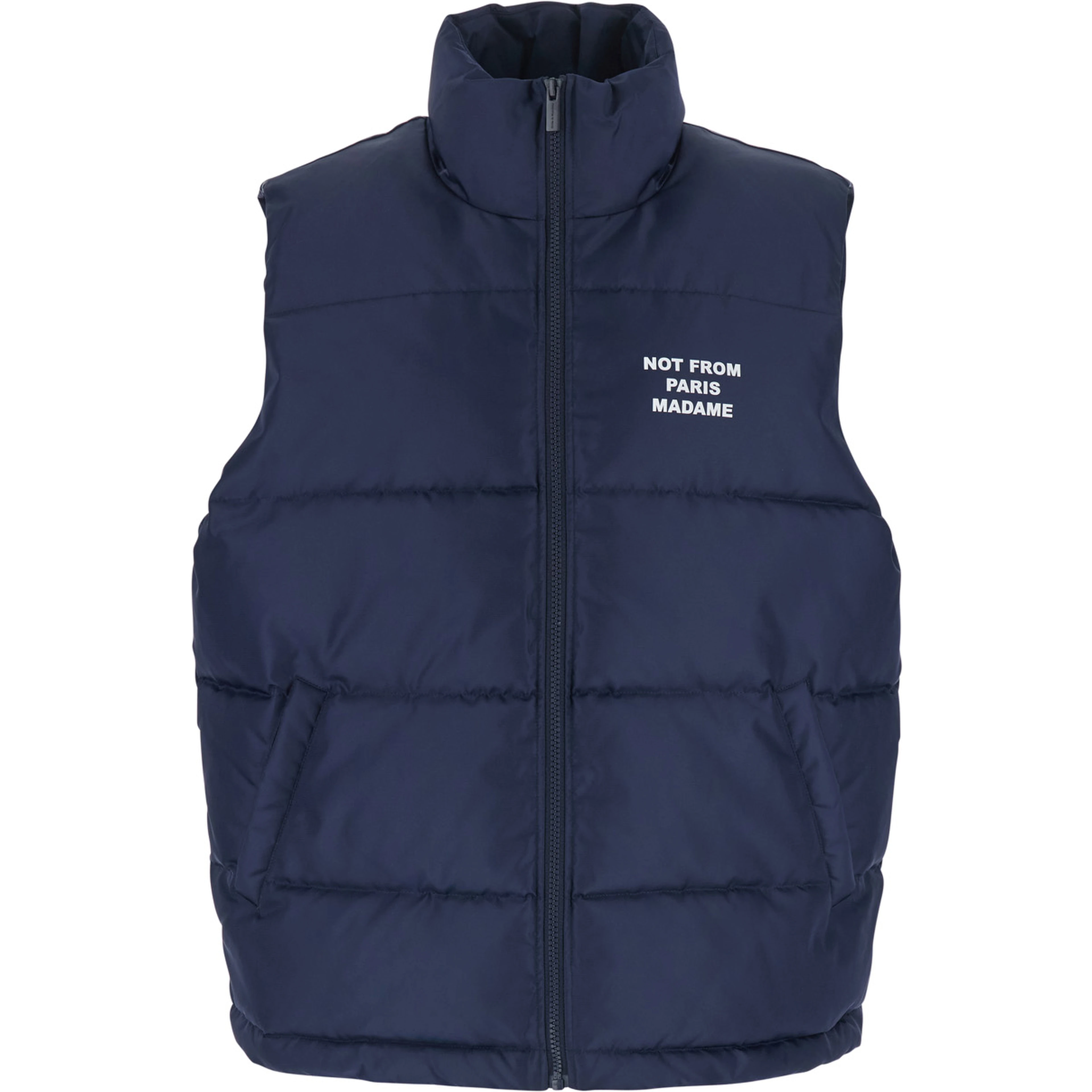 Blue Sleeveless Down jacket with Slogan on the Front in Tech Fabric for Men