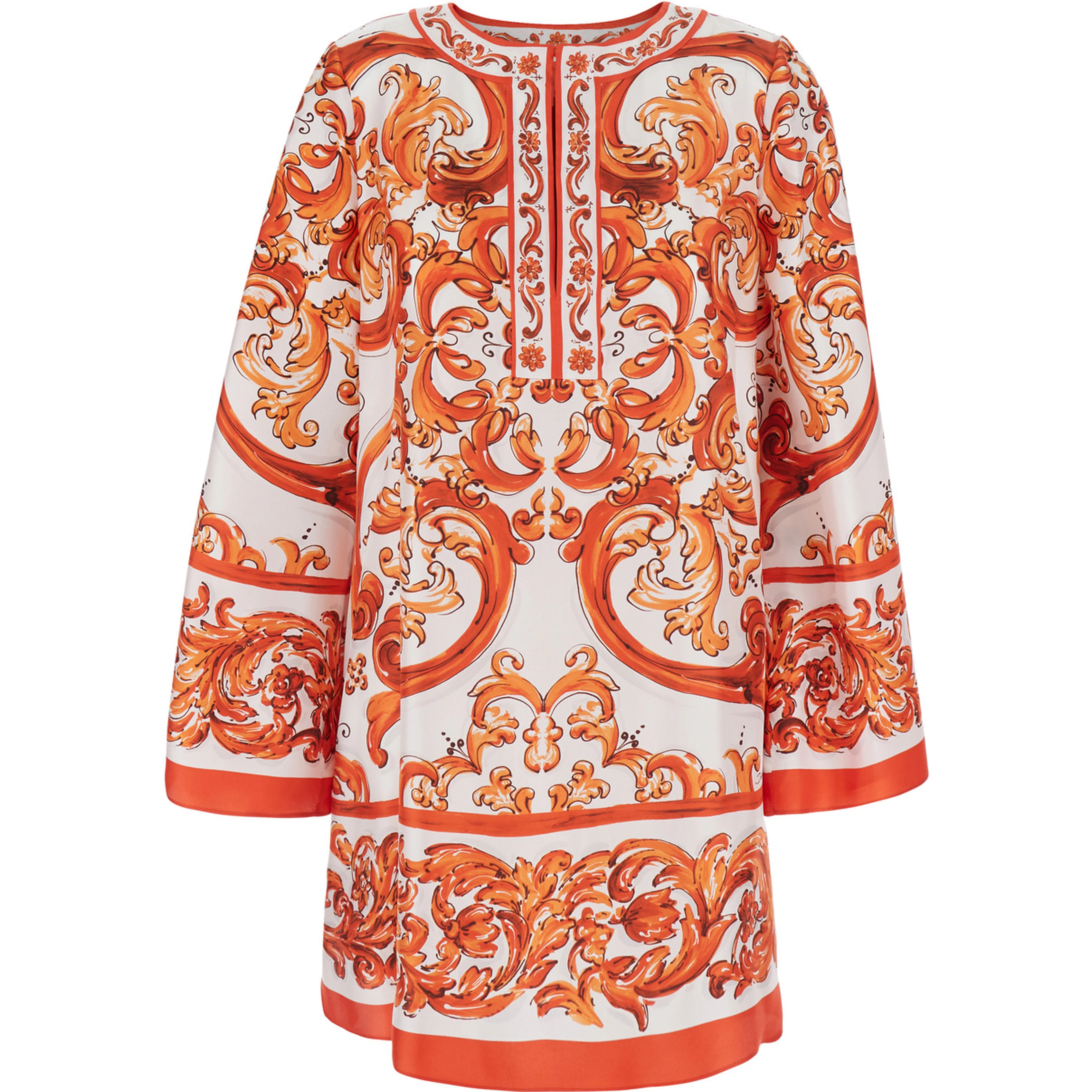 Orange Mini Dress with Wide Long Sleeves and Maiolica Motif All-Over in Silk Woman