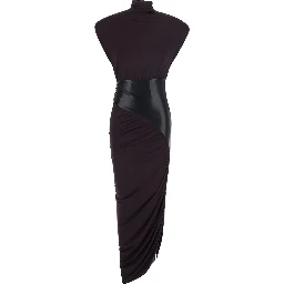 URSULA dark burgundy Dress with Ecoleather details and draped design in viscose for women