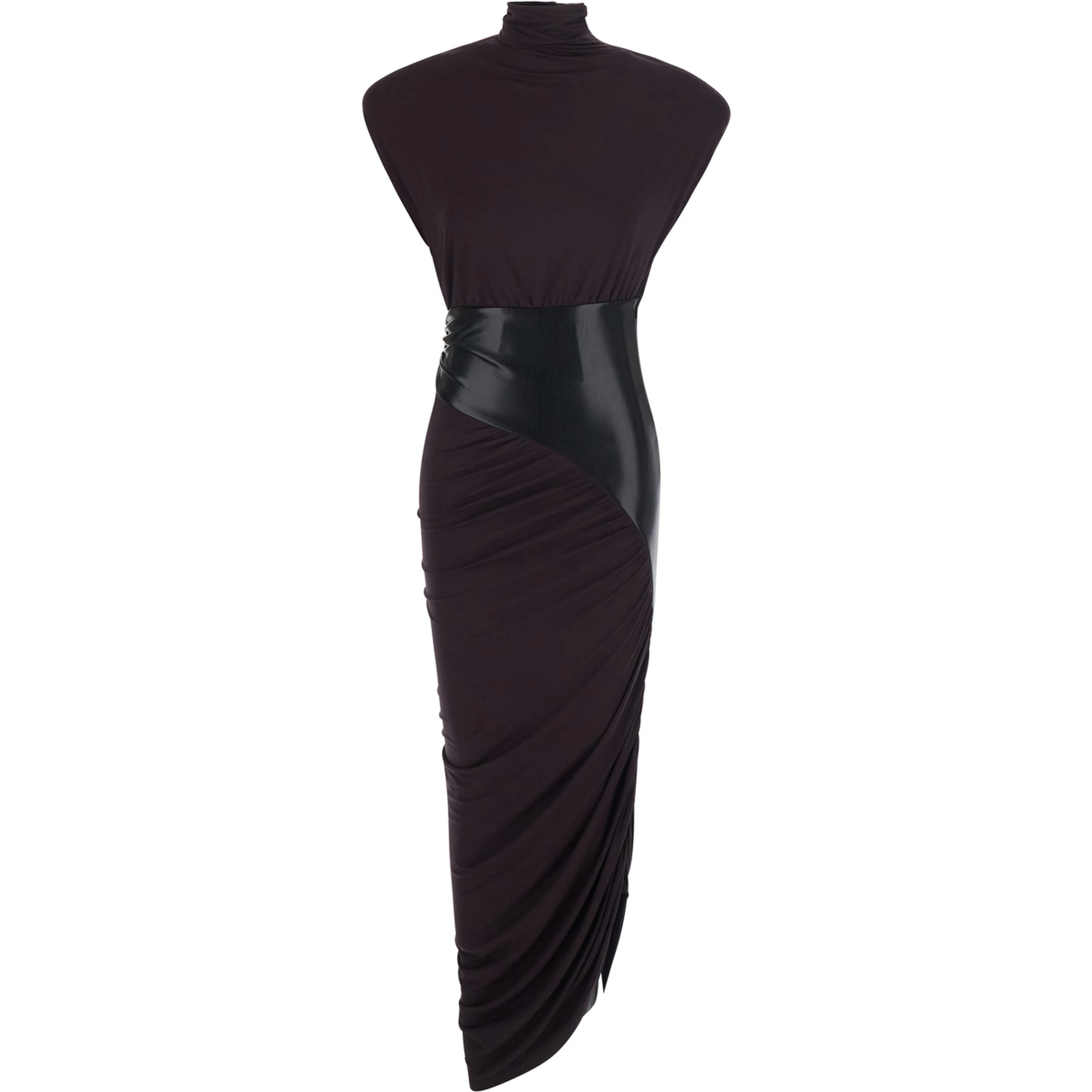 URSULA dark burgundy Dress with Ecoleather details and draped design in viscose for women