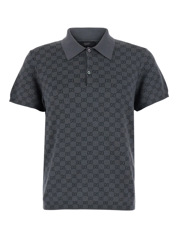 Gray polo. shirt with classic collar and all-over GG logo in wool and silk for men