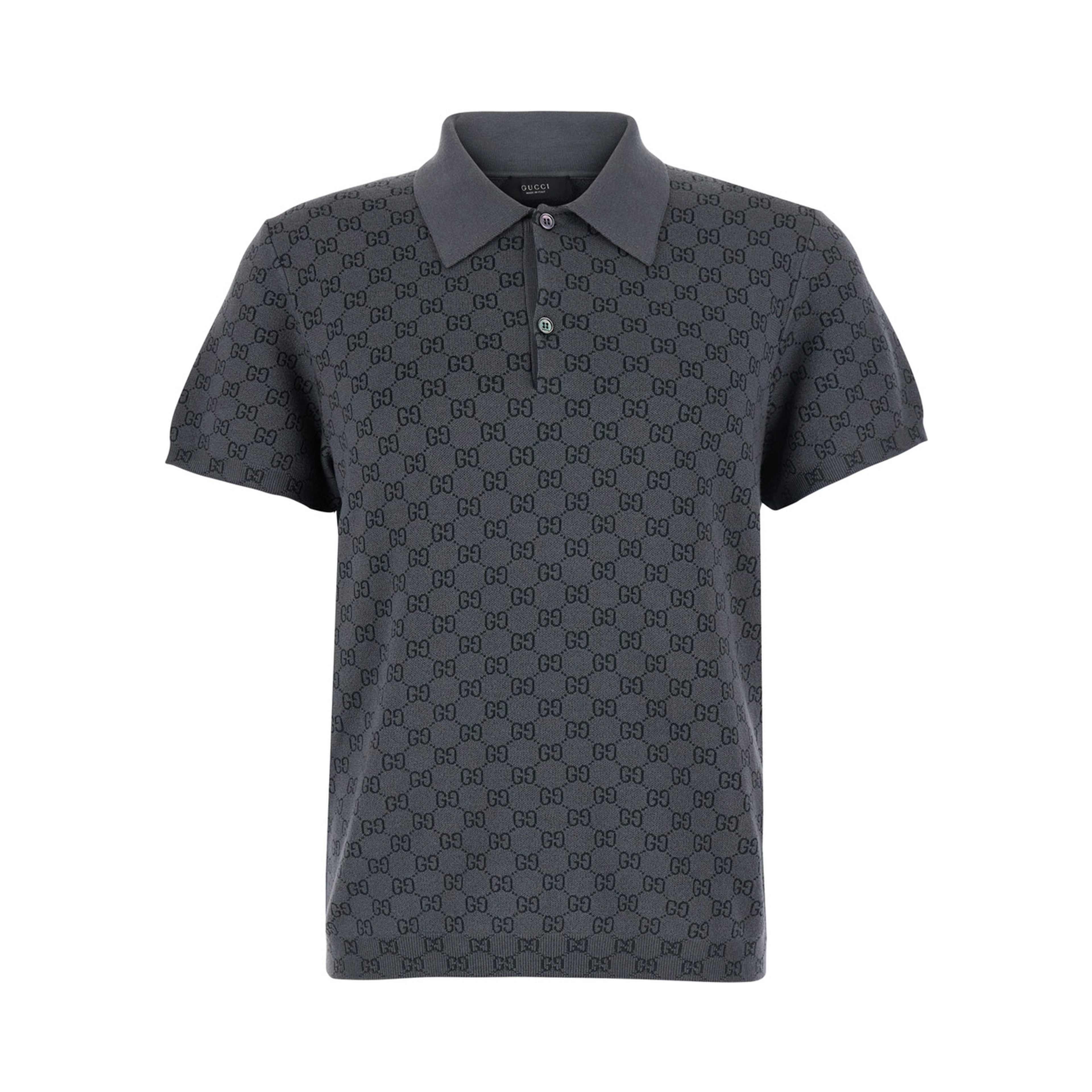 Gray polo. shirt with classic collar and all-over GG logo in wool and silk for men