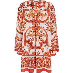 Orange Mini Dress with Wide Long Sleeves and Maiolica Motif All-Over in Silk Woman