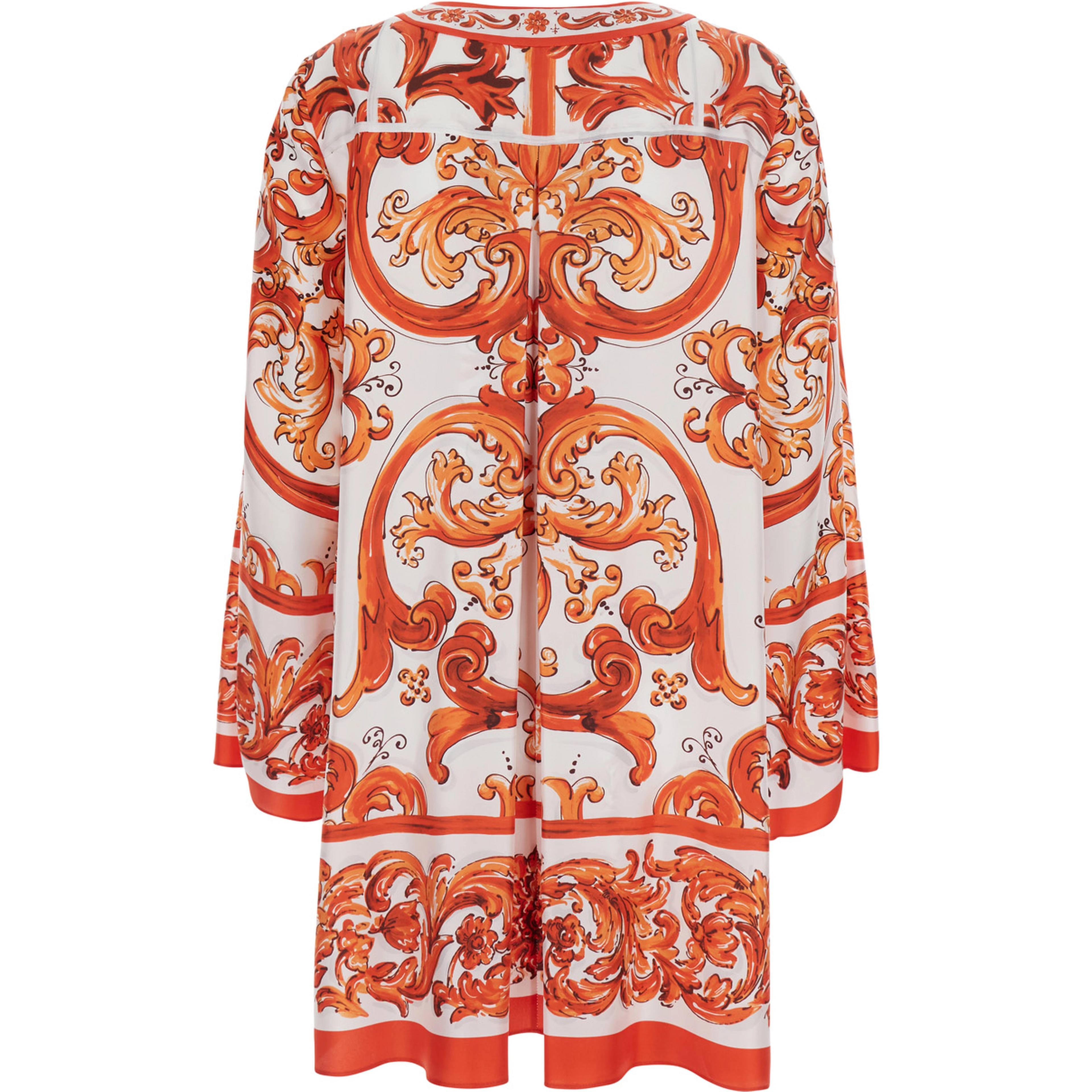 Orange Mini Dress with Wide Long Sleeves and Maiolica Motif All-Over in Silk Woman