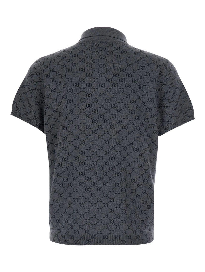 Gray polo. shirt with classic collar and all-over GG logo in wool and silk for men