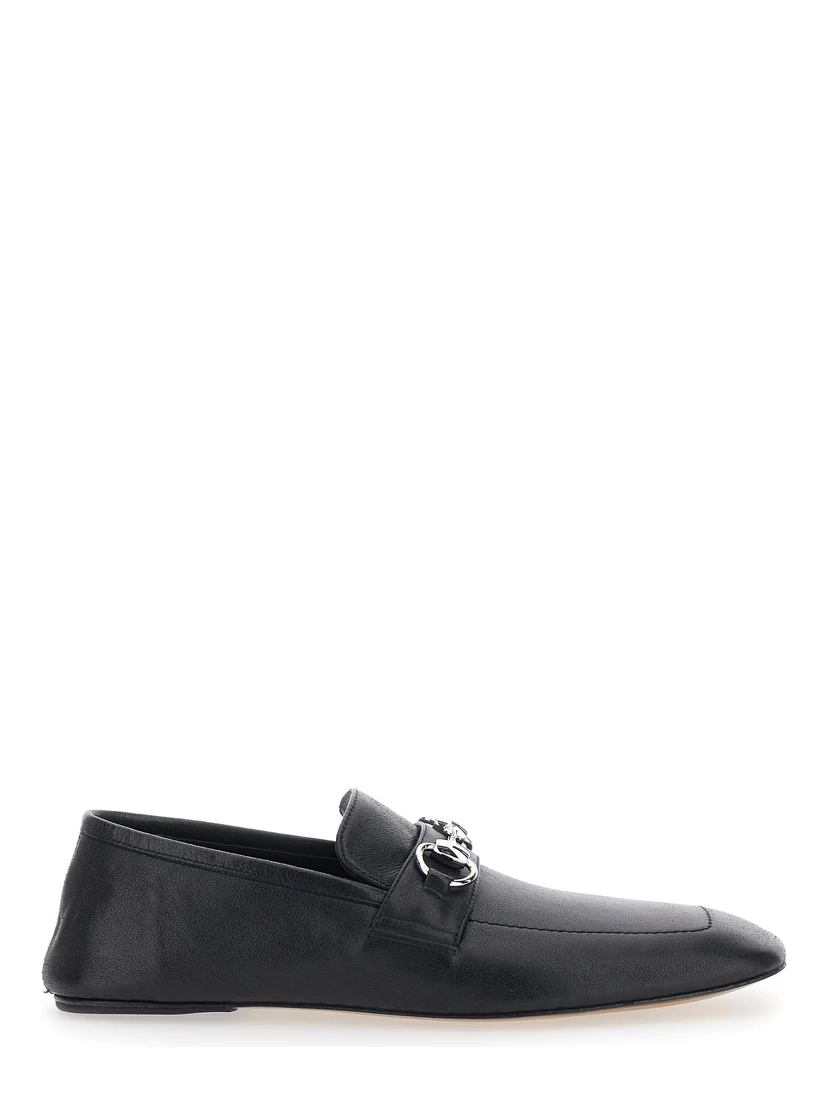 Ragazzo Black Loafers with square toe and Horsebit on the front in leather for women