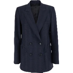 Aramis Blue Double-breasted Jacket with Peak Revers and Check Motif All-Over in Wool for Women
