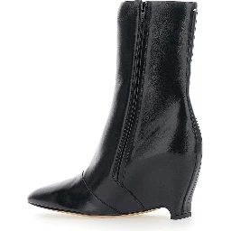 Black Pointed Ankle Boots with Heel and Side Zip Closure in Leather for Women