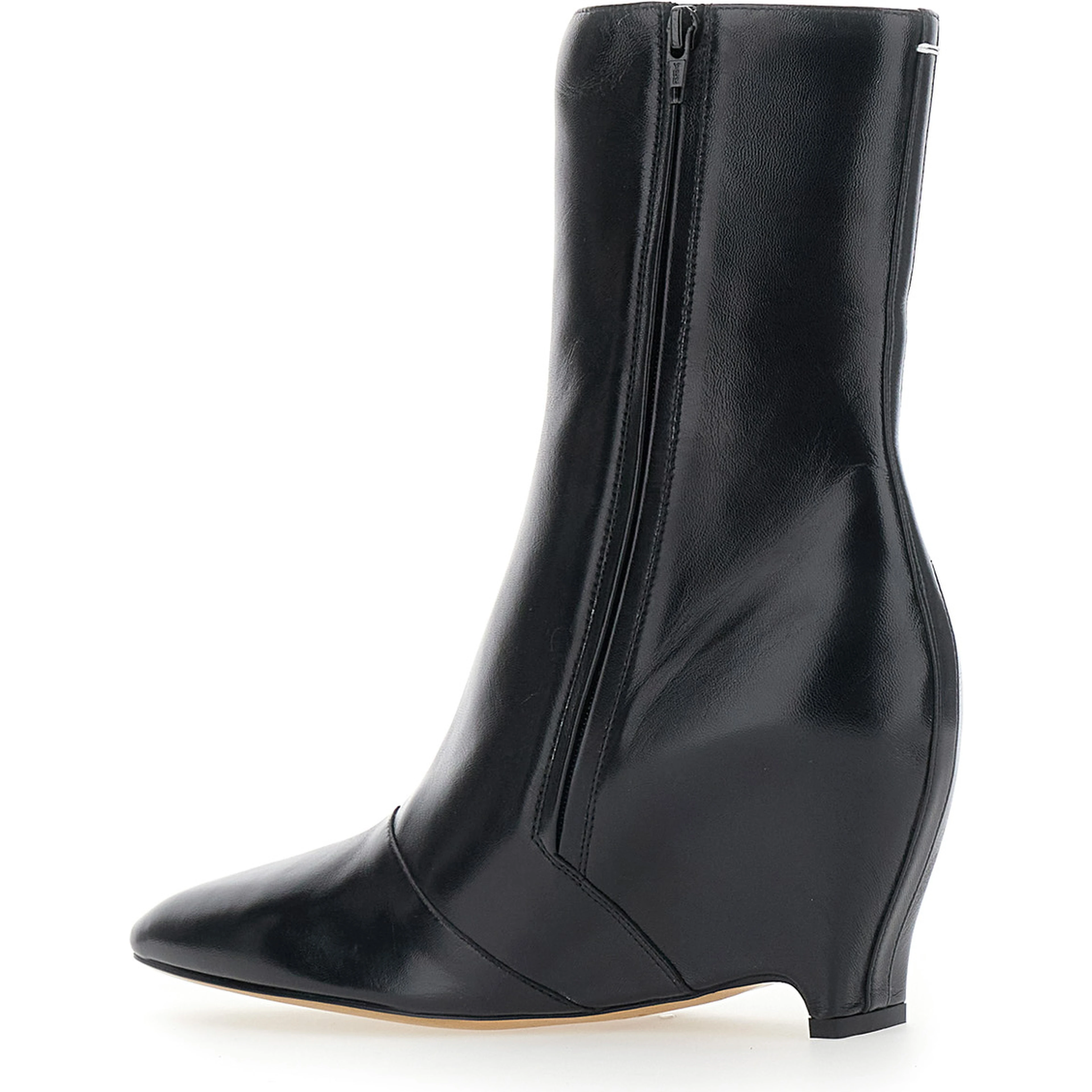 Black Pointed Ankle Boots with Heel and Side Zip Closure in Leather for Women