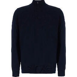 Blue Sweater with half zip closure on the front in wool for men