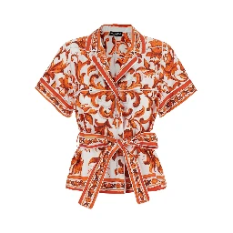 orange Shirt with all-over Maiolica print and waist belt in silk for women