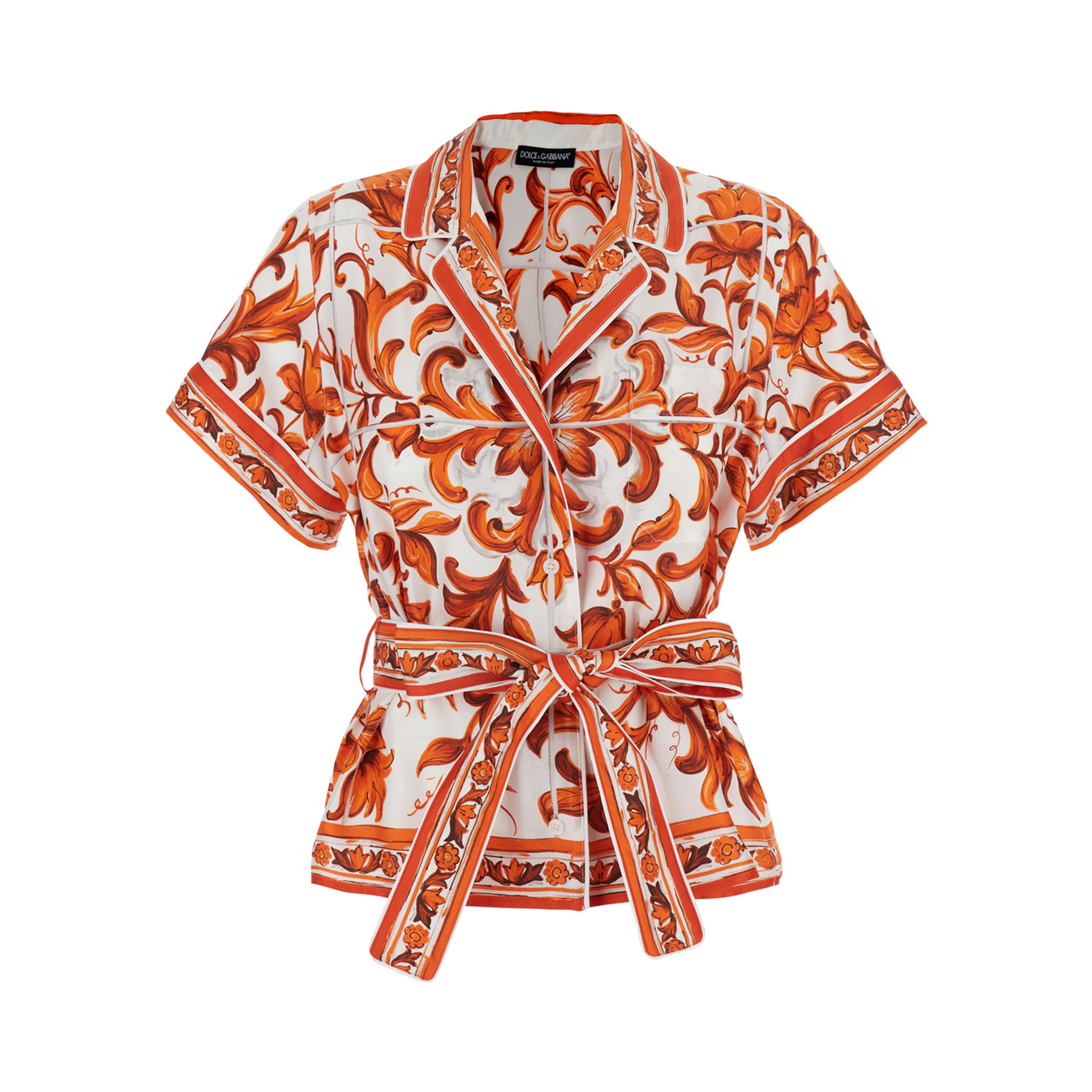 orange Shirt with all-over Maiolica print and waist belt in silk for women