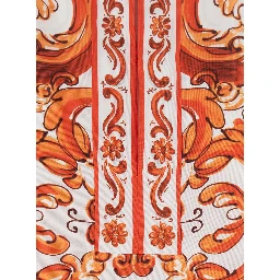 Orange Mini Dress with Wide Long Sleeves and Maiolica Motif All-Over in Silk Woman