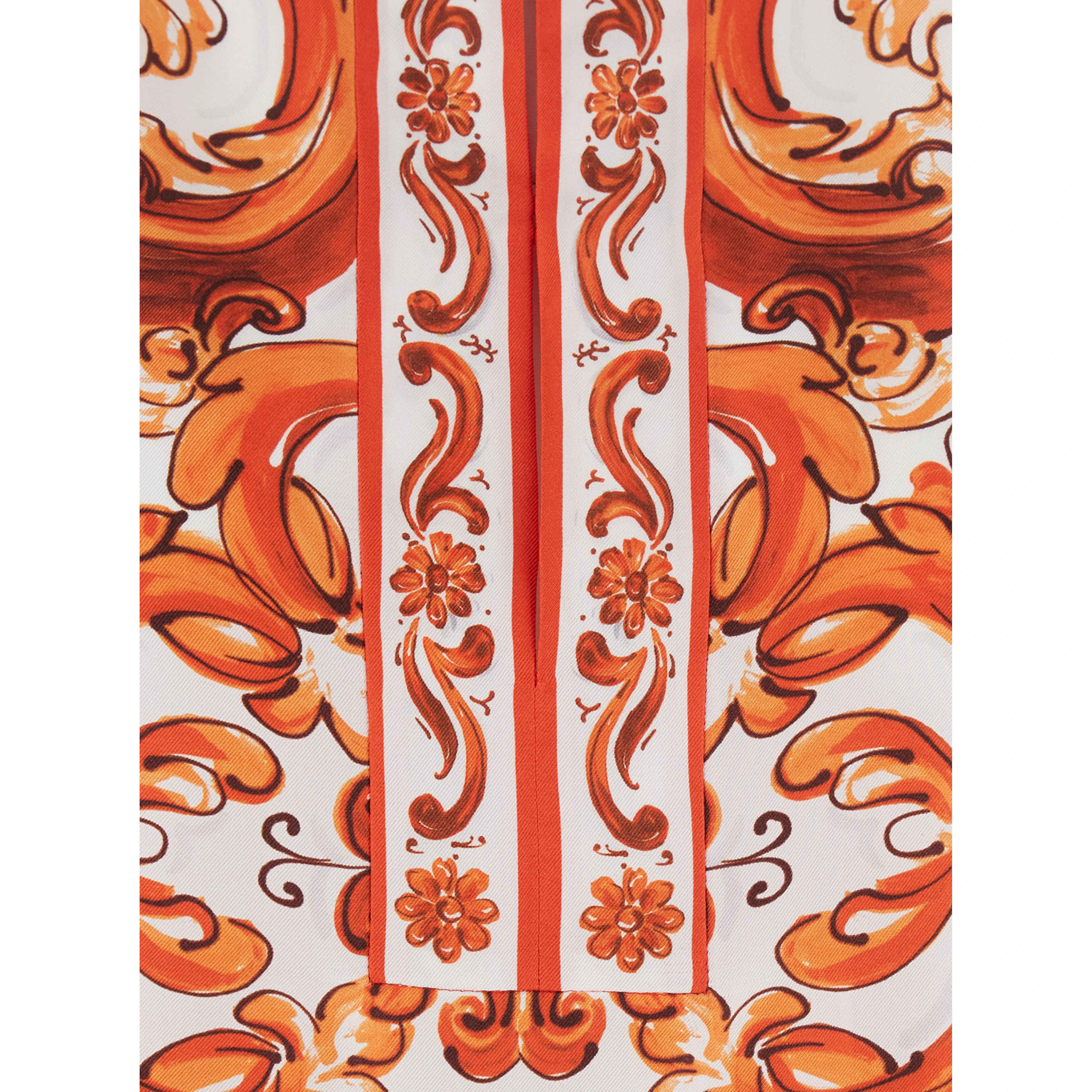 Orange Mini Dress with Wide Long Sleeves and Maiolica Motif All-Over in Silk Woman