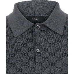 Gray polo. shirt with classic collar and all-over GG logo in wool and silk for men