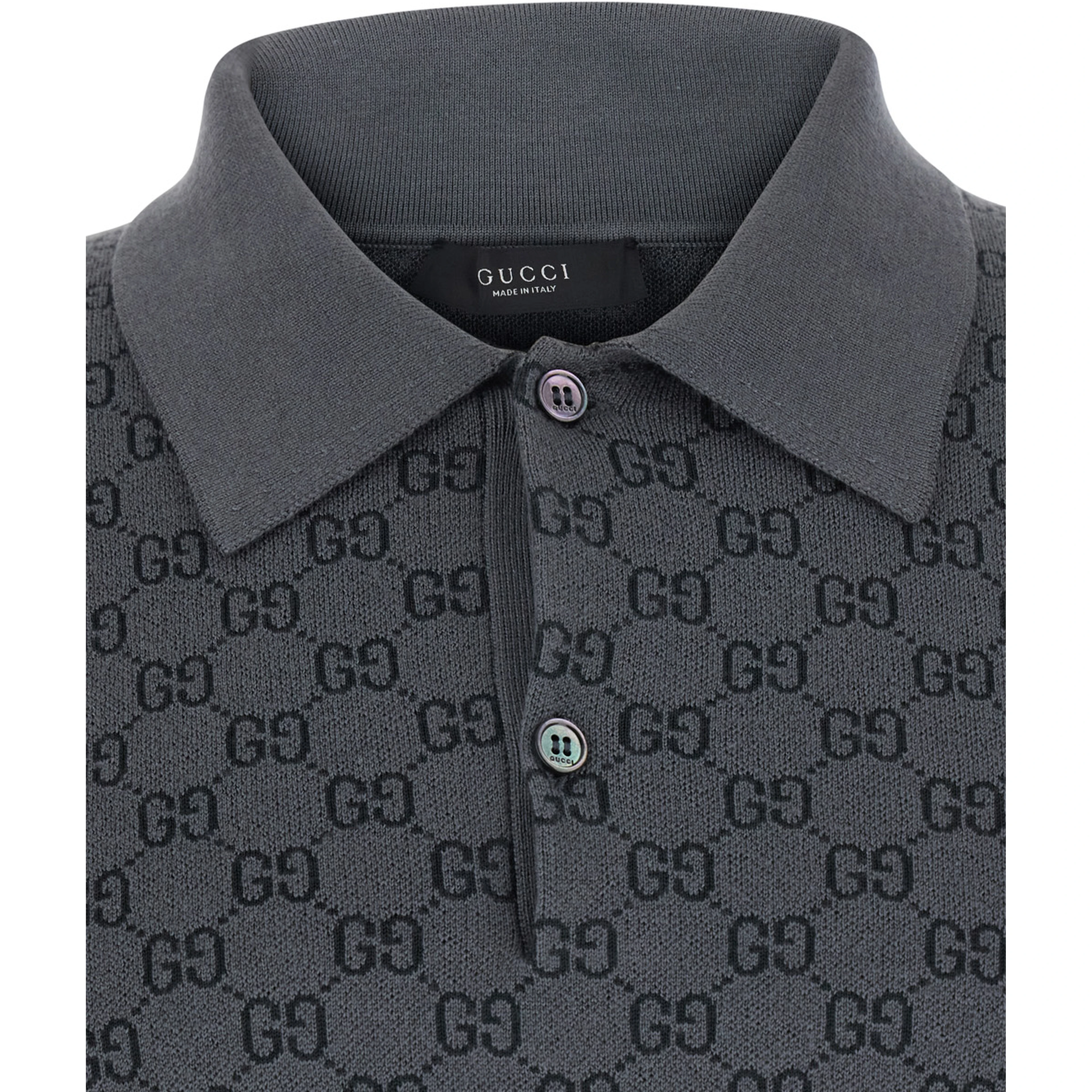 Gray polo. shirt with classic collar and all-over GG logo in wool and silk for men