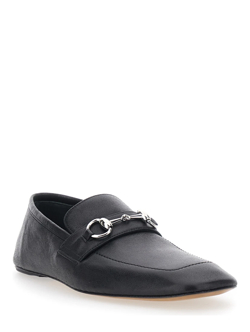 Ragazzo Black Loafers with square toe and Horsebit on the front in leather for women