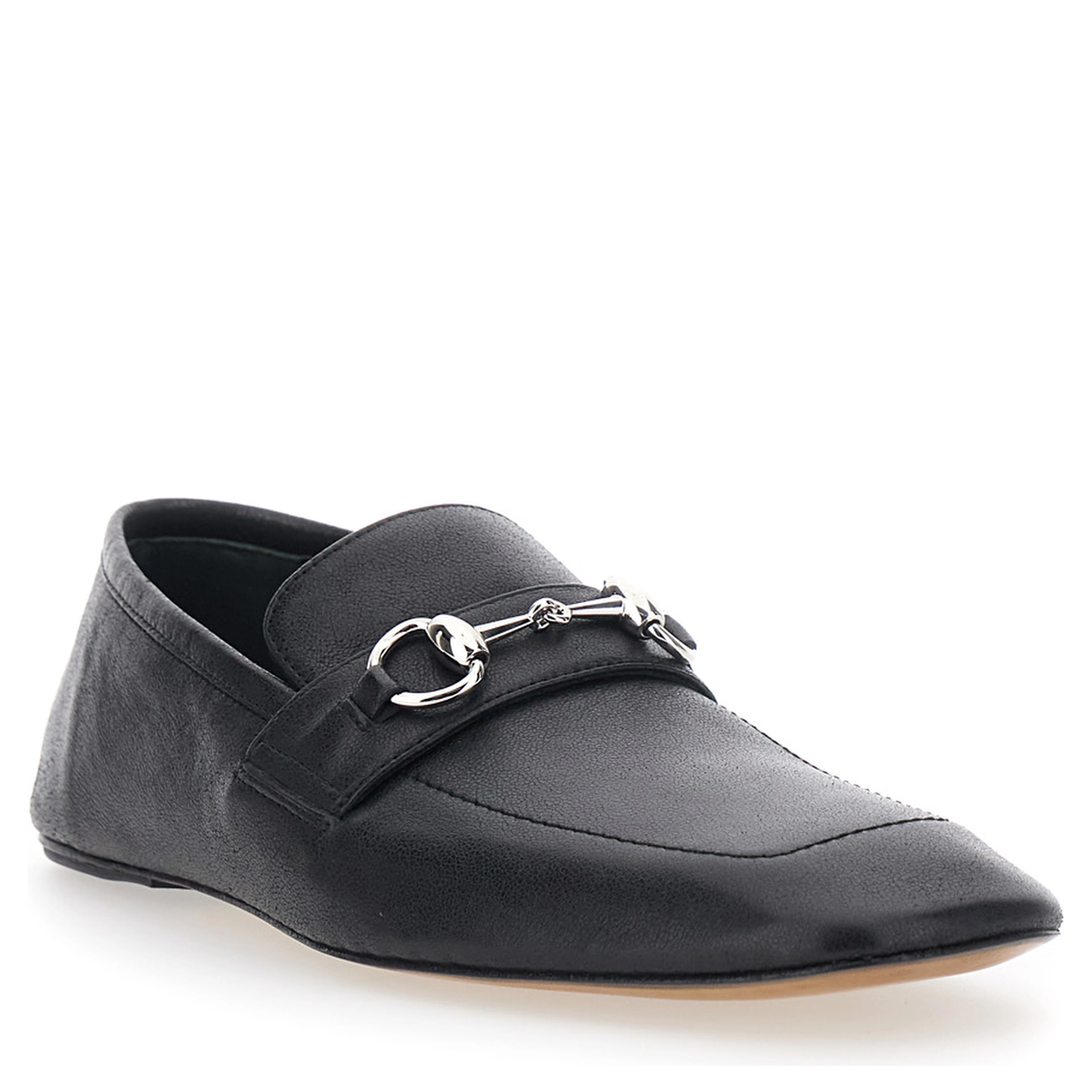 Ragazzo Black Loafers with square toe and Horsebit on the front in leather for women