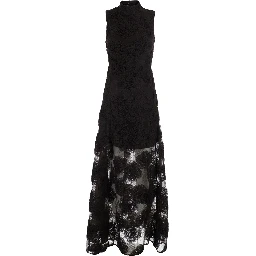 Brown sleeveless long dress with high collar and all-over floral embroidery in Tech Fabric for women
