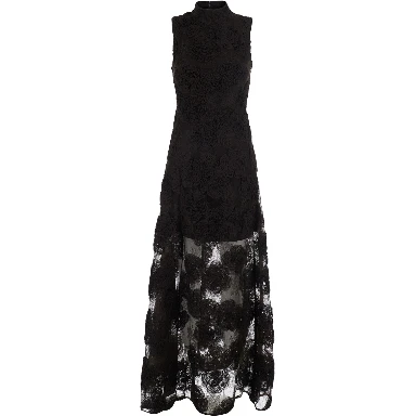 Brown sleeveless long dress with high collar and all-over floral embroidery in Tech Fabric for women
