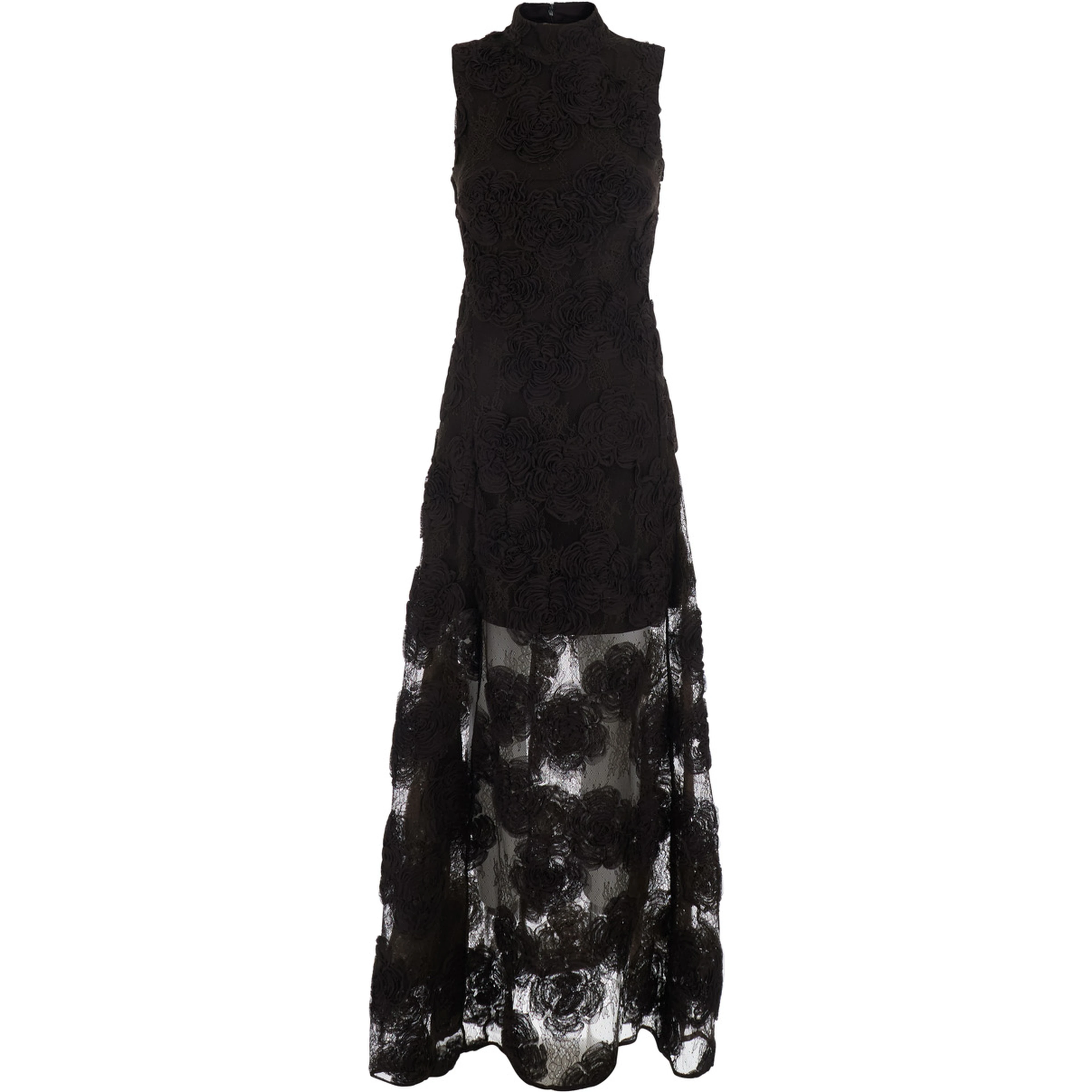 Brown sleeveless long dress with high collar and all-over floral embroidery in Tech Fabric for women