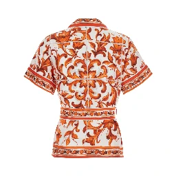 orange Shirt with all-over Maiolica print and waist belt in silk for women