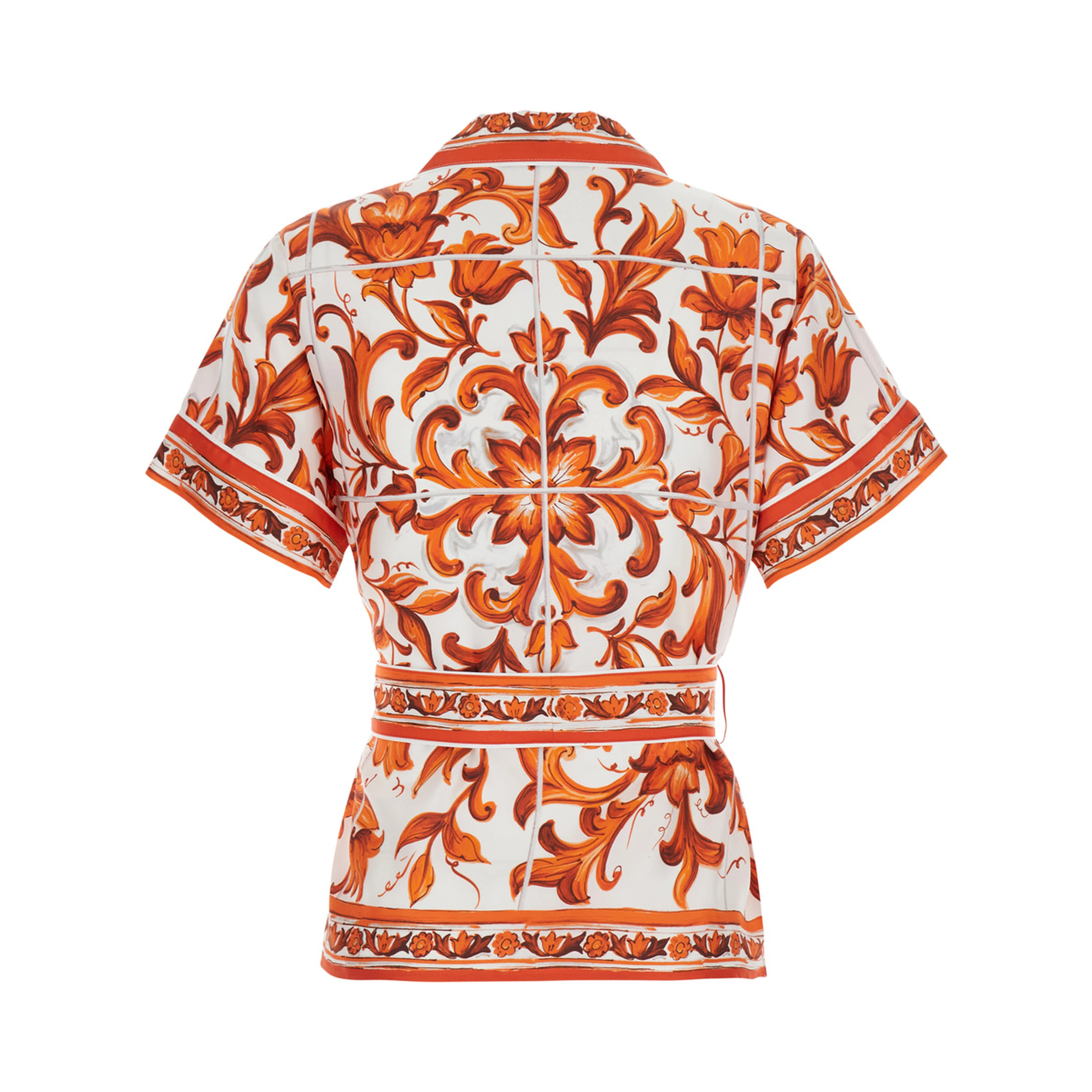 orange Shirt with all-over Maiolica print and waist belt in silk for women