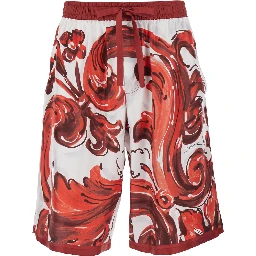 Bordeaux Bermuda Shorts with elasticated waist and drawstring and all-over Maiolica print in silk for men