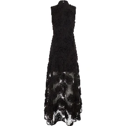 Brown sleeveless long dress with high collar and all-over floral embroidery in Tech Fabric for women