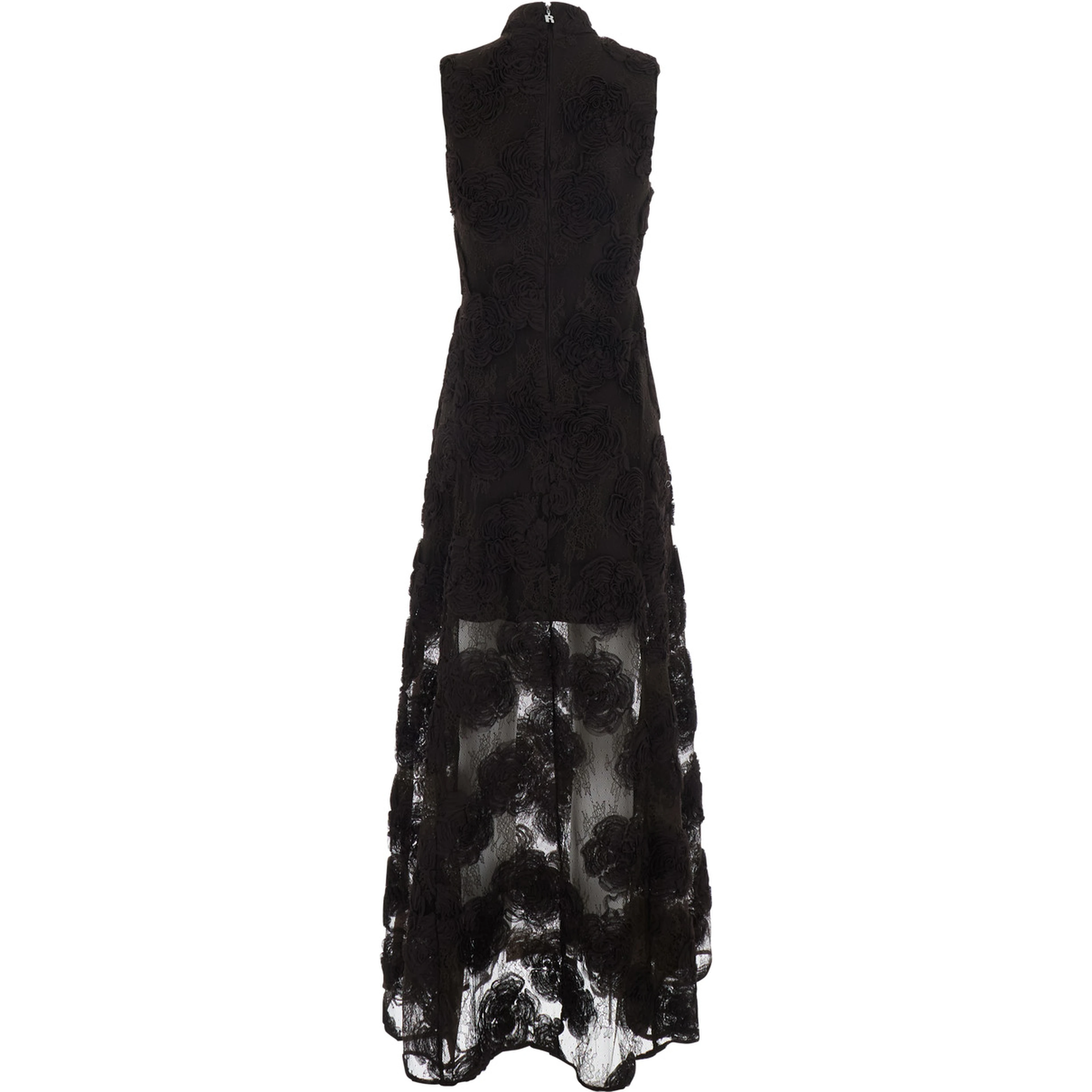Brown sleeveless long dress with high collar and all-over floral embroidery in Tech Fabric for women